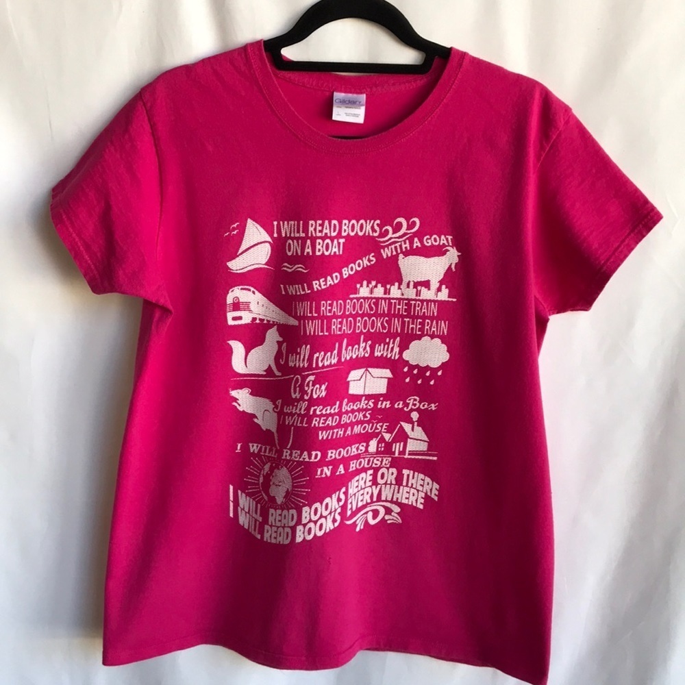 Gildan Ultra Cotton pink and white T-shirt perfect for book lovers, size L